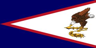 The flag of American Samoa features a large white triangle edged in red that is based on the fly side and extends to the hoist side and is charged with an eagle, all on a blue field.