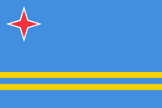 The flag of Aruba is blue, with two narrow, horizontal yellow stripes across the lower portion and a red four-pointed star outlined in white in the canton.