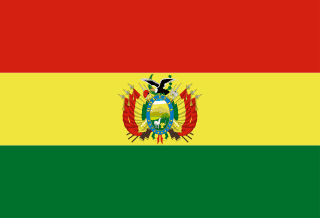 The flag of Bolivia is composed of three equal horizontal bands of red, yellow and green, with the national coat of arms centered in the yellow band.