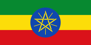 The flag of Ethiopia is composed of three equal horizontal bands of green, yellow and red, with the national emblem superimposed at the center of the field. The national emblem comprises a light blue circle bearing a golden-yellow pentagram with single yellow rays emanating from the angles between the points of the pentagram.