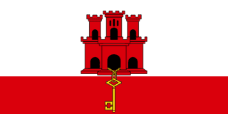 The flag of Gibraltar has two horizontal bands of white (double-width) and red, with a three-towered red castle in the center of the white band. A gold key hangs from the castle gate and is centered in the red band.