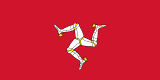 The flag of the Isle of Man is red with an emblem comprising three legs (triskelion) in the center. The three legs are joined at the thigh and bent at the knee.