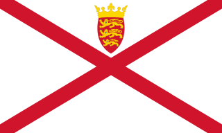 The flag of Jersey is white with a diagonal red cross extending to the corners of the flag. A red shield with three lions in yellow is in the upper quadrant, with a yellow crown above.