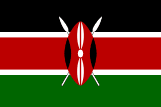 The flag of Kenya is composed of three equal horizontal bands of black, red with white top and bottom edges, and green. An emblem comprising a red, black and white Maasai shield covering two crossed white spears is superimposed at the center of the field.