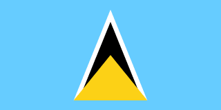 The flag of Saint Lucia has a light blue field, at the center of which are two triangles which share a common base — a small golden-yellow isosceles triangle superimposed on a large white-edged black isosceles triangle.