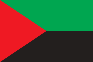 The flag of Martinique consists of a red triangle at the hoist, with two horizontal bands, the upper green and the lower black.