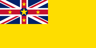 The flag of Niue is yellow with the UK flag in the canton. The UK flag has five yellow five-pointed stars, with a large star on a blue disk in the center and smaller stars on each arm of the red cross.