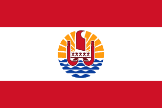The flag of French Polynesia has two red horizontal bands flanking a wide white band in a 1:2:1 ratio. Centered on the white band is a disk with a blue-and-white wave pattern depicting the sea on the lower half and a gold-and-white ray pattern depicting the sun on the upper half. A canoe on the disk has a crew of five.