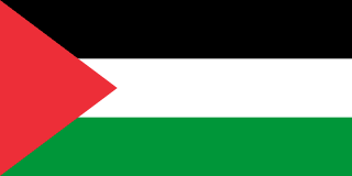 The flag of Palestine has three equal horizontal stripes of black, white, and green overlaid by a red triangle issuing from the hoist.