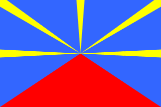 The flag of Réunion has a blue field, with a red triangle spanning the bottom and extending to the center, as well as five yellow beams emanating from the center, spread equally apart.