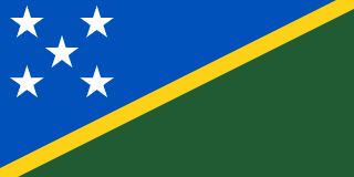 The flag of Solomon Islands features a thin yellow diagonal band that extends from the lower hoist-side corner to the upper fly-side corner of the field. Above and beneath this band are a blue and green triangle respectively. Five white five-pointed stars arranged in an X shape are situated on the hoist side of the upper blue triangle.
