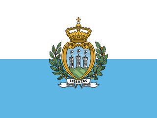The flag of San Marino is composed of two equal horizontal bands of white and light blue, with the national coat of arms superimposed in the center.