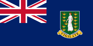 The flag of the British Virgin Islands is blue with the UK flag in the canton and the national coat of arms centered in the fly half. The coat of arms depicts a woman flanked by vertical columns of six oil lamps above a scroll bearing the Latin word "VIGILATE" (Be Watchful).