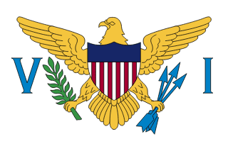 The flag of the United States Virgin Islands is composed of a white field with the national coat of arms in the center between the large blue initials V and I. The coat of arms shows a yellow eagle holding an olive branch in its right talon and three arrows in the left, with a shield of seven red and six white vertical stripes below a blue panel.